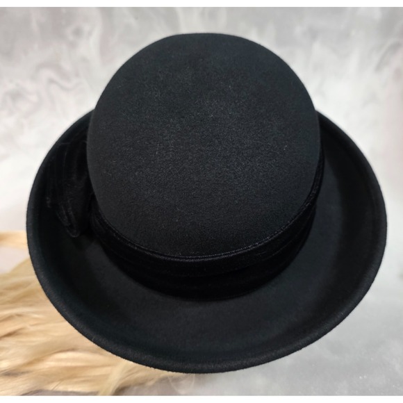 Scala USA Vintage Black Wool Felt Cloche Rose Hat 21" 1920s Gatsby Style 80s 90s - Picture 7 of 14
